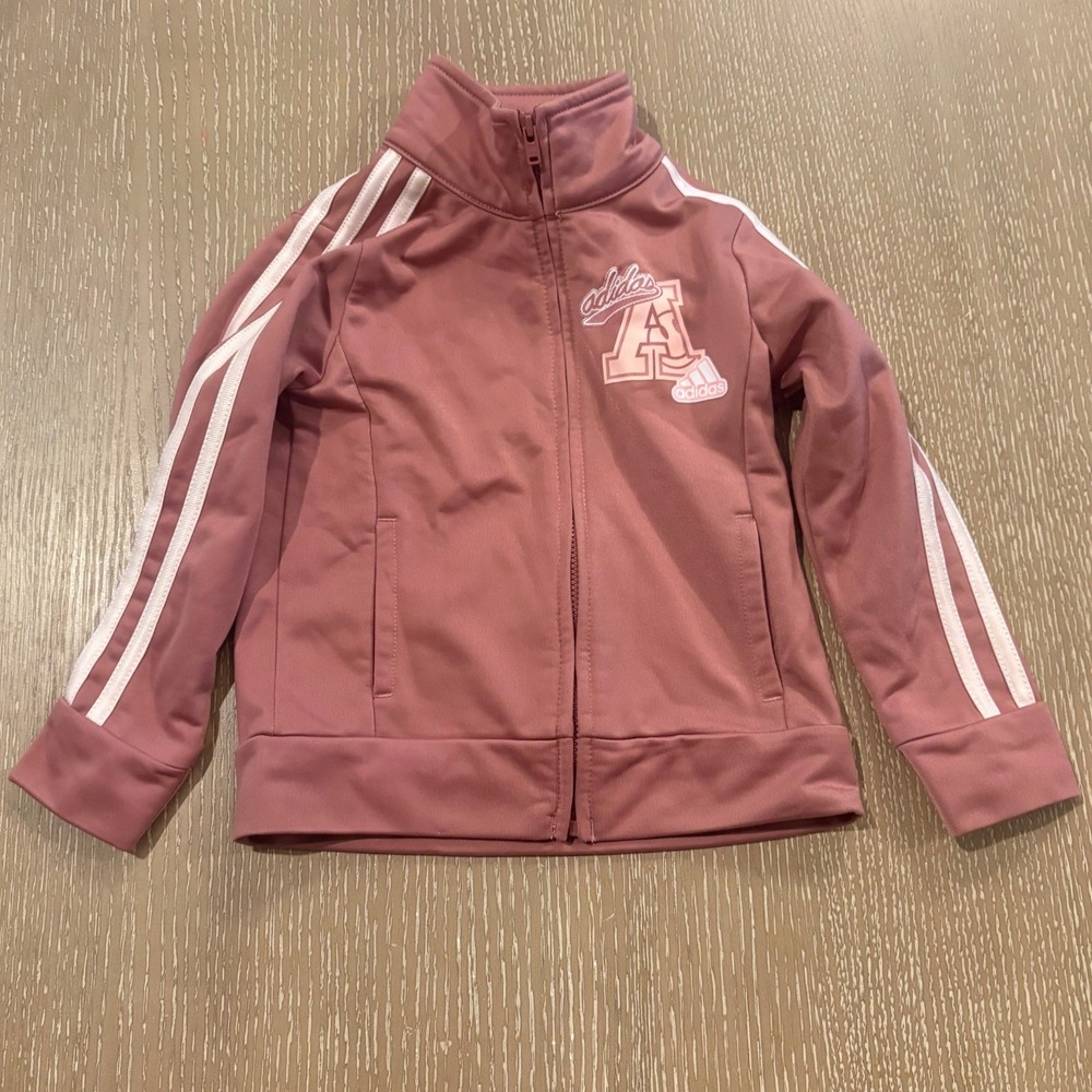Adidas Girls 2T Tracksuit Set Pink Jacket and Joggers 3-Stripe Varsity Logo - Picture 2 of 6